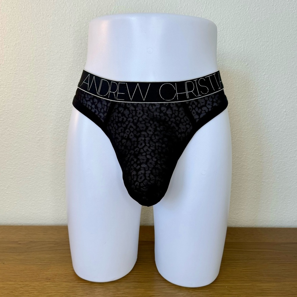 Andrew Christian Black MeshLeopard Print Thong Size Large